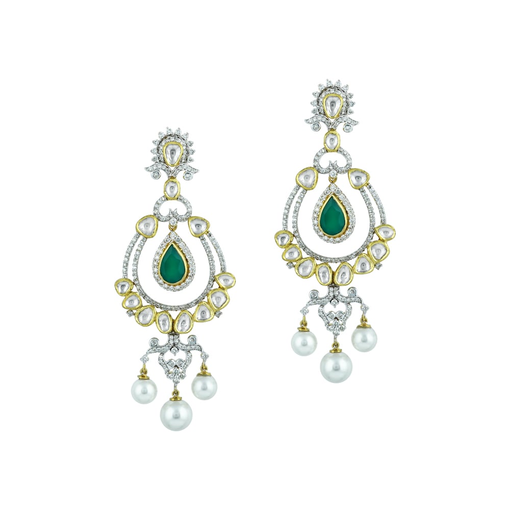 Polki Chandelier Earrings with Green Onyx Drops and Pearls